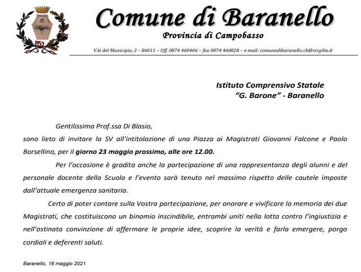 Scopri di più sull'articolo 23 maggio a Baranello – Intitolazione di una Piazza ai Magistrati Giovanni Falcone e Paolo Borsellino