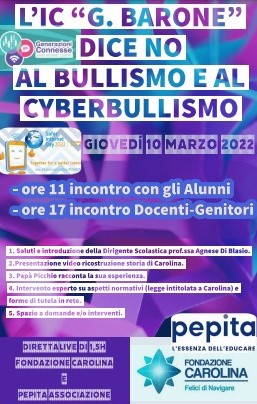 Scopri di più sull'articolo Convegno Bullismo e Cyberbullismo – 10-03-2022 – Fondazione Carolina e Pepita Associazione